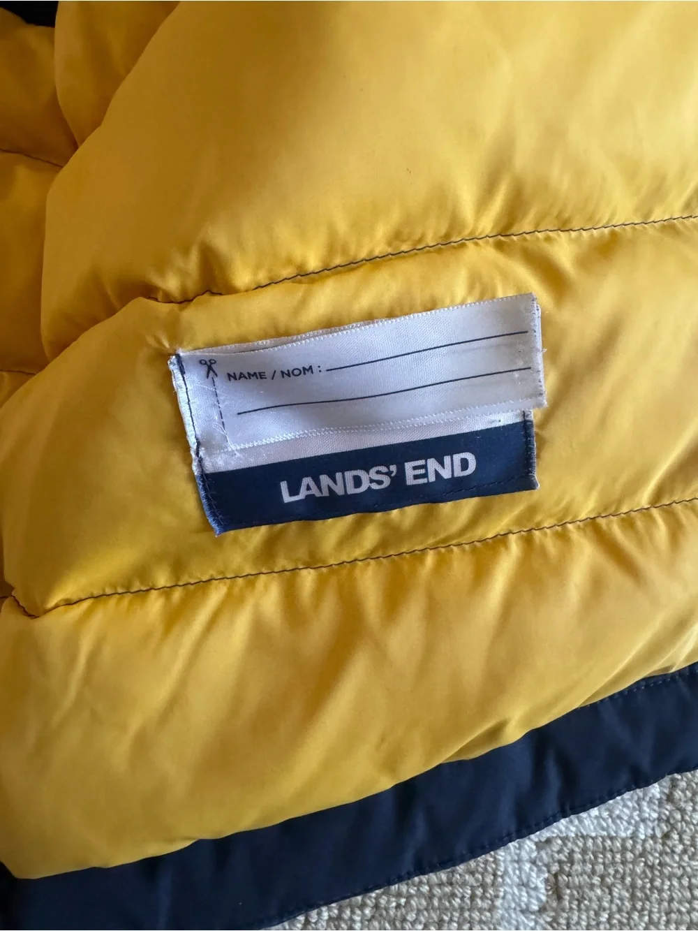Lands’ End Kids Down Parka Sherpa Lined Hooded Coat Navy Yellow Medium 10-12